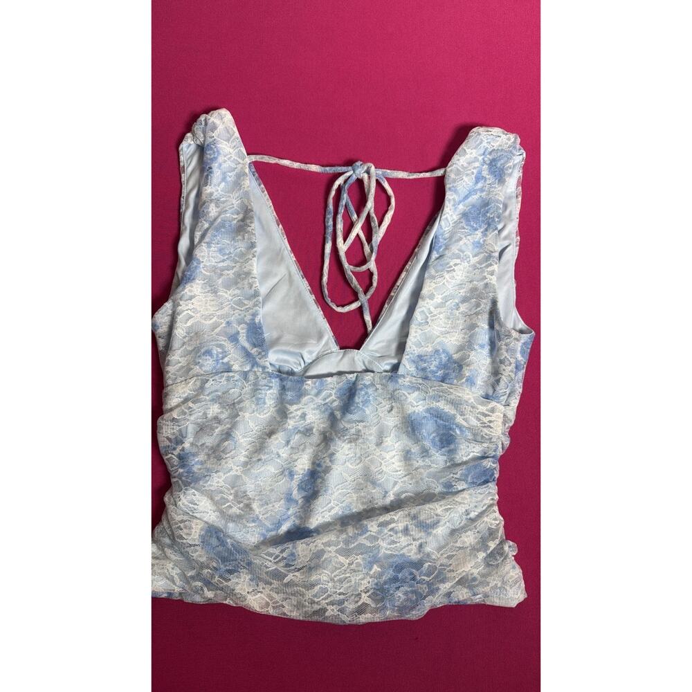 Wild Fable Lace Floral Tank Top – Blue White Tie‑Back Satin Ruched Size S - Picture 2 of 5